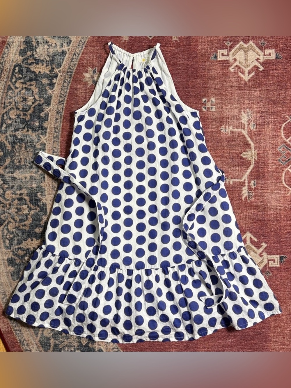 Boden White Halter Mini Dress with Blue Polka Dots - Picture 6 of 16